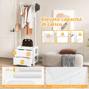 Appendiabiti con 3 Cassetti e Ruote Bloccabili, Stand Appendiabiti Girevole con Ganci Laterali e Barra per Appendere, per Camera da Letto Soggiorno Ingresso, 46x38x157 cm