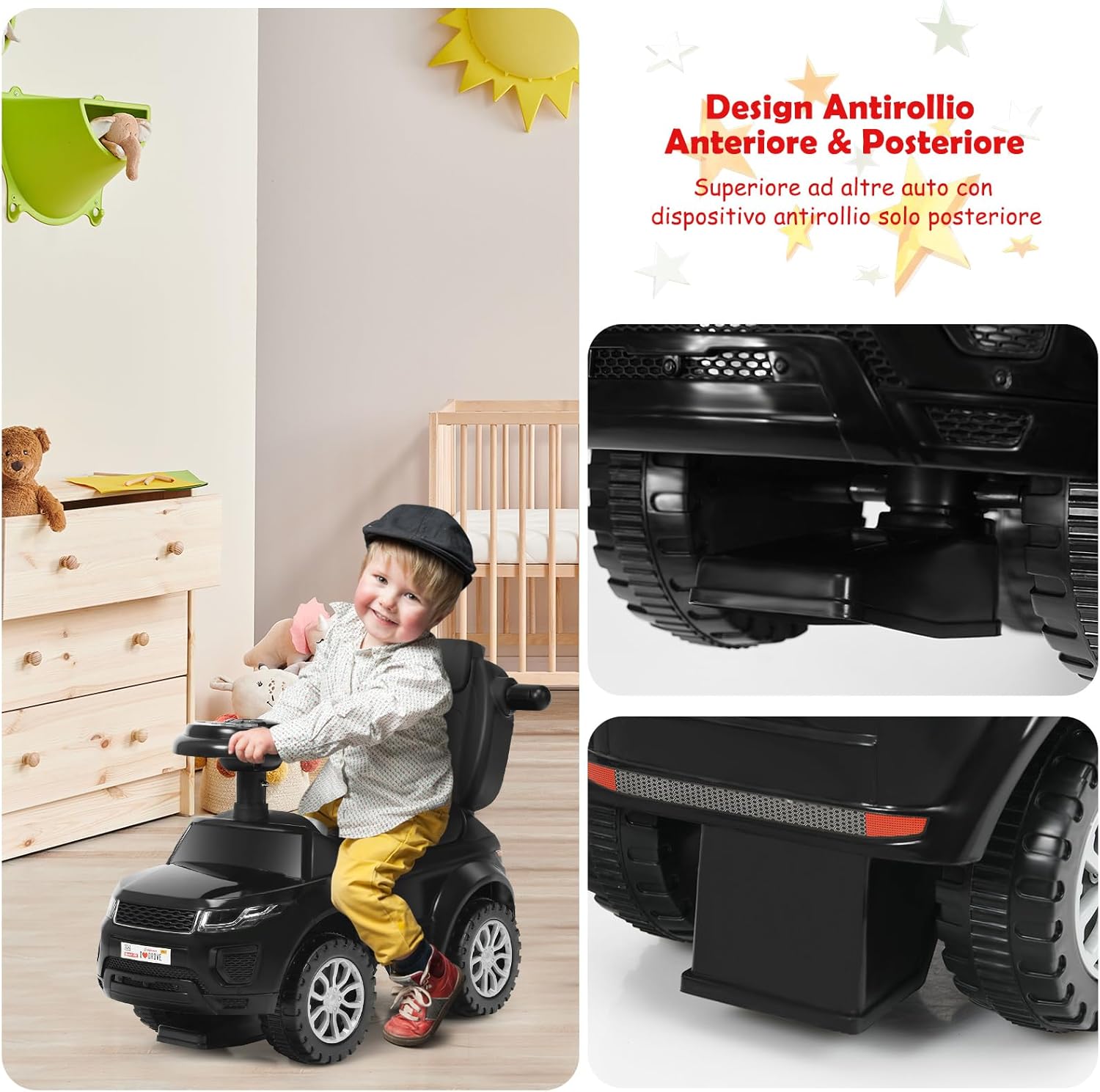 3 in 1 Macchina Cavalcabile a Spinta per Bambini, con Clacson Musica Luce Portaoggetti Sotto Sedile, Auto a Spinta per Bambini di 1-3 Anni (Nero)