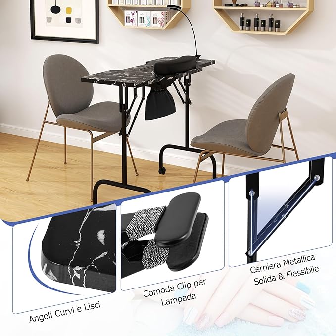 Tavolo per Manicure Pieghevole con Aspiratore Elettrico, Tavolo per Unghie Portatile con Luce LED, Cuscino Poggia Polso Clienti, Borsa e 4 Ruote Bloccabili (Nero)