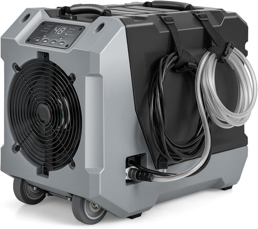 Deumidificatore Commerciale 85 L/Giorno, Deumidificatore con Pompa e Tubo di Scarico, Sbrinamento Automatico, 2 Ruote e Maniglia Pieghevole, Timer 24H, per Cantina Magazzino (Nero)