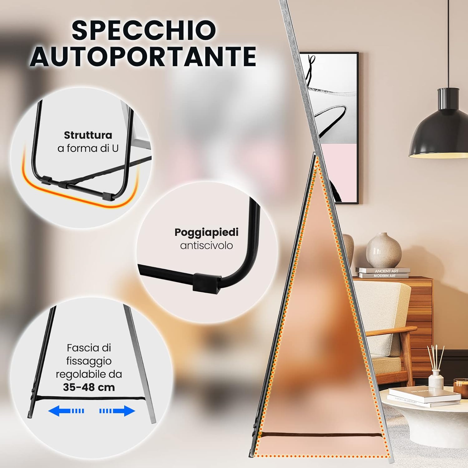 Specchio da Parete Lungo, Specchio da Terra Appendere con Cornice in Lega di Alluminio e Ganci, Per Camera da Letto e Soggiorno, 160 x 40 cm (Argento)