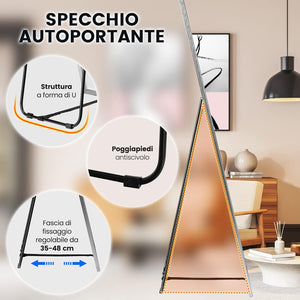 Specchio da Parete Lungo, Specchio da Terra Appendere con Cornice in Lega di Alluminio e Ganci, Per Camera da Letto e Soggiorno, 160 x 40 cm (Argento)