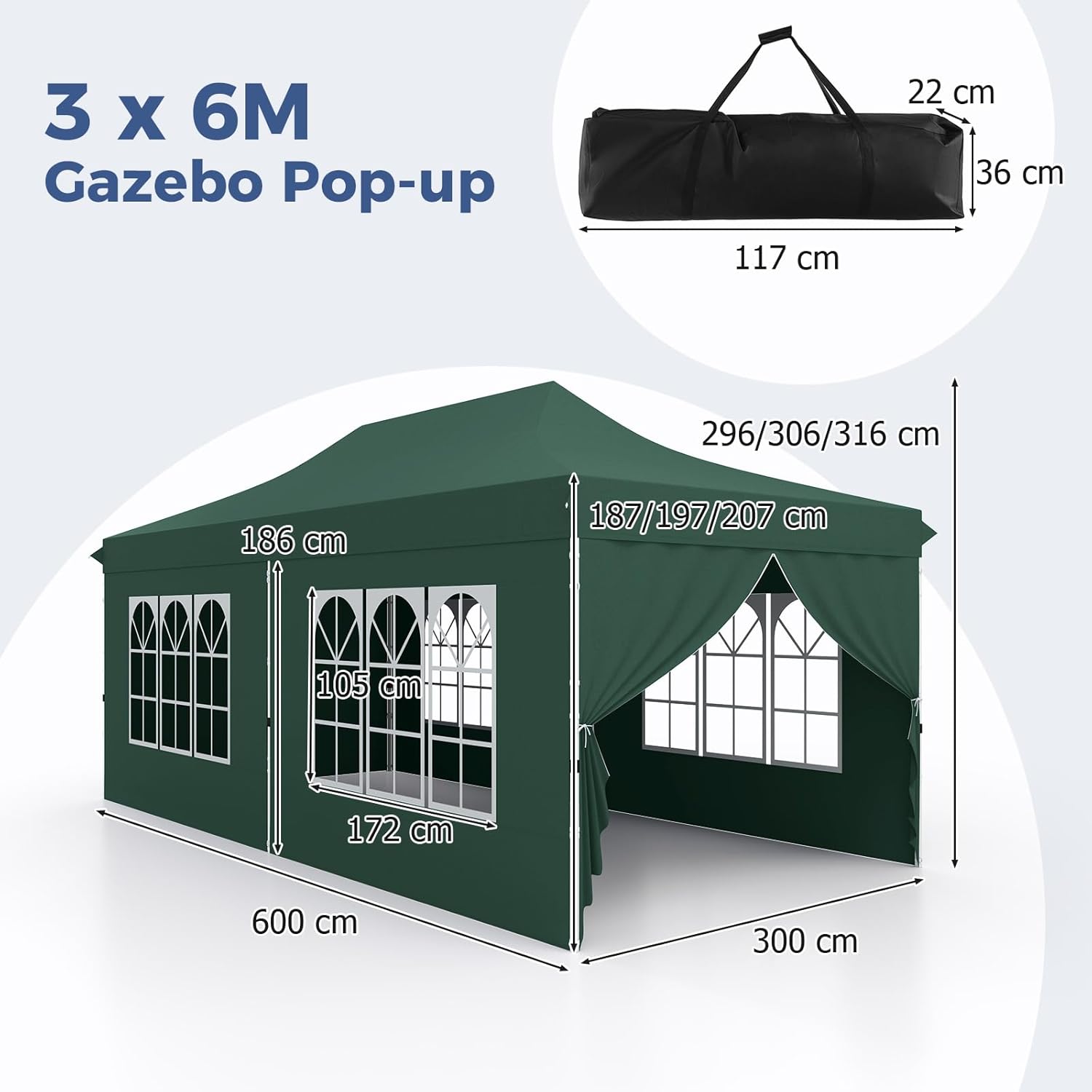 Gazebo da Giardino 3 x 6 m, Tendone per Feste con 6 Pannelli Laterali Rimovibili, con Borsa da Trasporto, Design Pop-up, per Matrimonio Eventi e Barbecue (Verde)