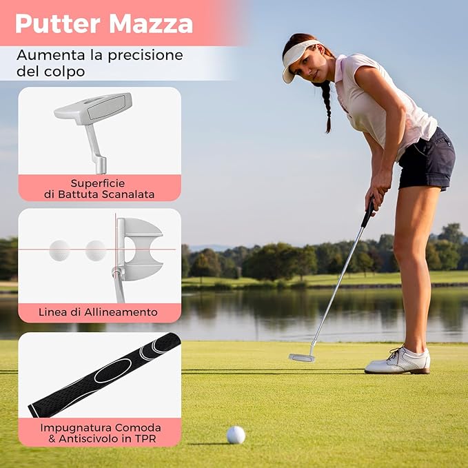 Set Completo di Mazze da Golf da Dona, Include Driver 460CC 1, Fairway 3, Ibrido 4, Ferri 6, 7, 8, 9 e P, Putter, 3 Copri Mazzetta e 1 Borsa per Destrimano