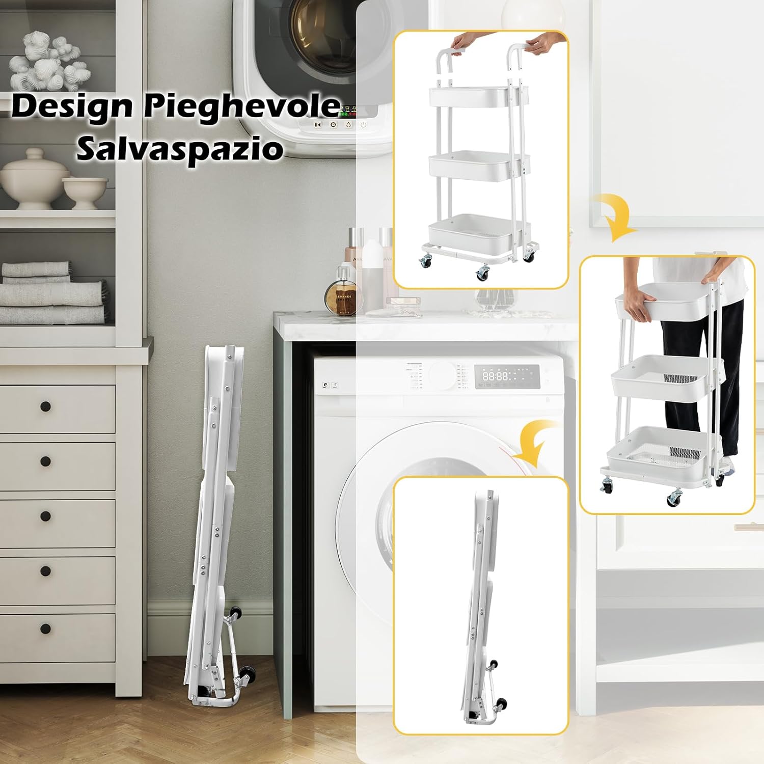 Carrello a 3 Ripiani, Carrello da Cucina Pieghevole con 3 Tazze Appendibili e 6 Ganci, Carrello da Conservazione Multiuso per Casa Ufficio, 45 x 37 x 92 cm