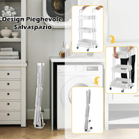 Carrello a 3 Ripiani, Carrello da Cucina Pieghevole con 3 Tazze Appendibili e 6 Ganci, Carrello da Conservazione Multiuso per Casa Ufficio, 45 x 37 x 92 cm