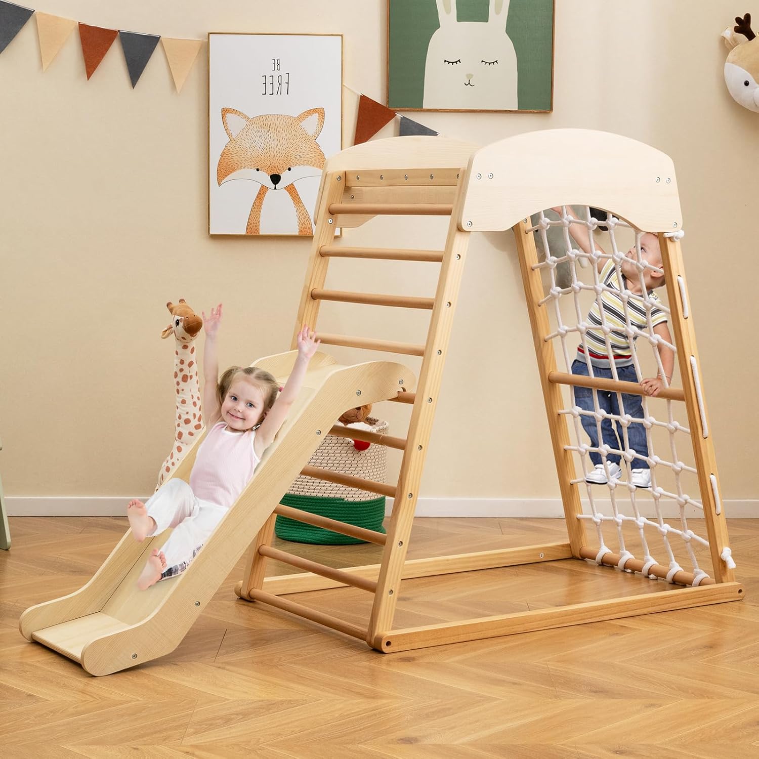 6 in 1 Struttura di Arrampicata, Triangolo da Arrampicata con Scivolo, Barra per Trazioni e Rete per Arrampicata, Parco Educativo per bambini per Interni, 1+ Anno, 105 x 67 x 112 cm (Naturale)