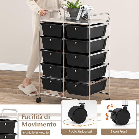 Carrello a 10 Cassetti con Ruote, Carrello di Stoccaggio con Stabilità Elevata, Carrello Multiuso per Casa Ufficio e Scuola, 65,5 x 37 x 87 cm (Nero)