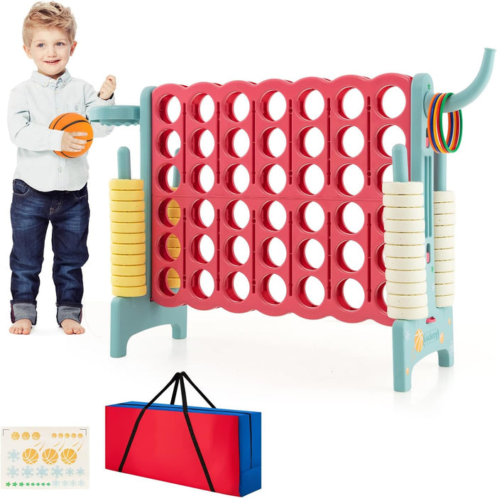 Forza 4 Gigante, Set di Gioco Forza Quattro con Canestro da Basket e Anelli da Lancio, 42 Gettoni, Giochi da Interno ed Esterno per Bambini e Adulti (Rosso e verde)