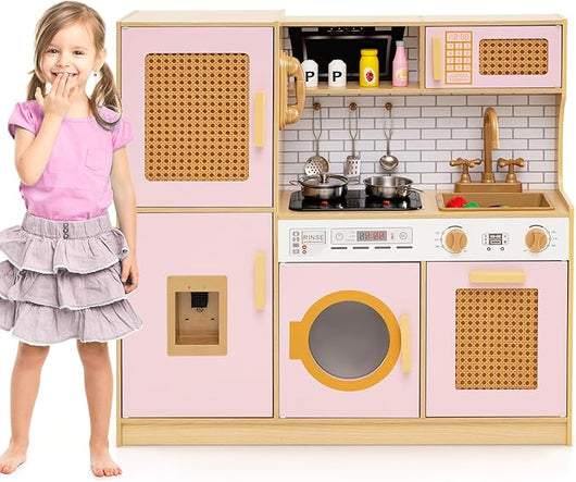 Cucina Giocattolo per Bambini, Cucina Legno per Bambini con Luci, Suoni, Frigorifero, Distributore d'Acqua, Lavatrice, Accessori Ricchi e Ante in Rattan, per 3 Anni+ (Rosa)