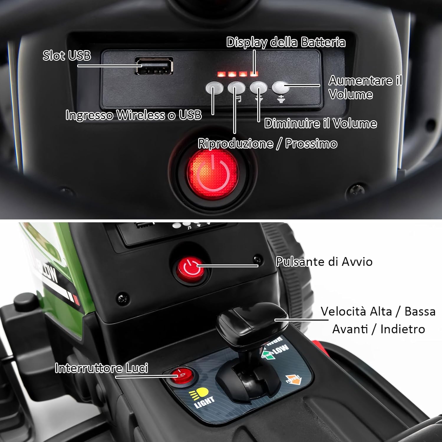 Trattore con Rimorchio Cavalcabile per Bambini 12V, Trattore Elettrico Telecomandato, con Luci e Suoni, 30kg, 3+ Anni (Verde Scuro)