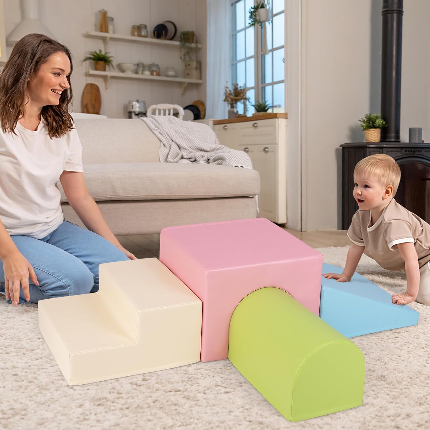Set di 4 Blocchi in Schiuma per Arrampicarsi e Gattonare per Bambini, Set di Giocattoli Morbidi da Interno con Diverse Forme e Colori per lo Sviluppo dei Bambini (Rosa)