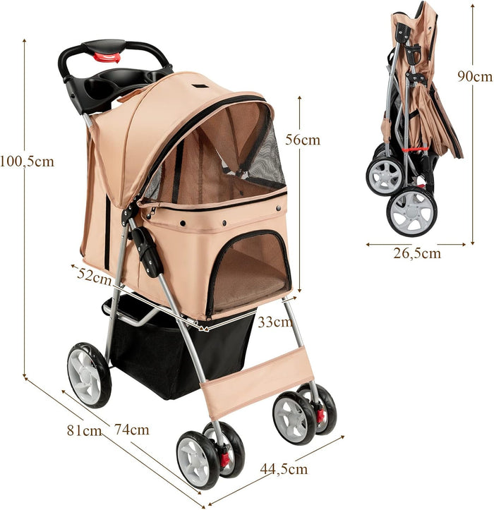 Passeggino per Cani Pieghevole, Carrozzina per Cani a 4 Ruote con Finestra a Rete Porta Bicchiere e Cesto, Passeggino Portatile per Animali Piccola e Media (Beige)