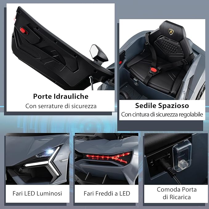 Lamborghini 12V Auto Elettrica per Bambini, Veicolo Elettrico Cavalcabile con Telecomando Luci LED Musica, 3-5 Km/h, per Bambini 37-95 Mesi (Grigio)