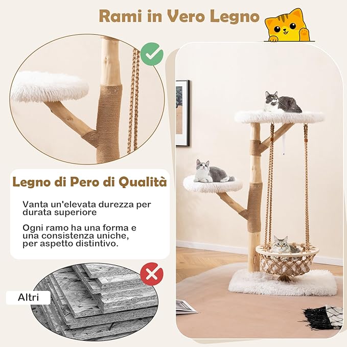 Albero Tiragraffi per Gatti 70 x 50 x 123 cm, Torre per Animali Domestici con Amaca Altalena, Rami di Legno Reale, Pali Tiragraffi di Juta e 2 Posatoi, Giochi per Gatti da Interno