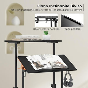 Scrivania per Computer Regolabile in Altezza, Scrivania Salvaspazio con Ruote e Ganci, Tavolo Porta PC per Studio e Ufficio, 60 x 60 x 72-124 cm (Nero)
