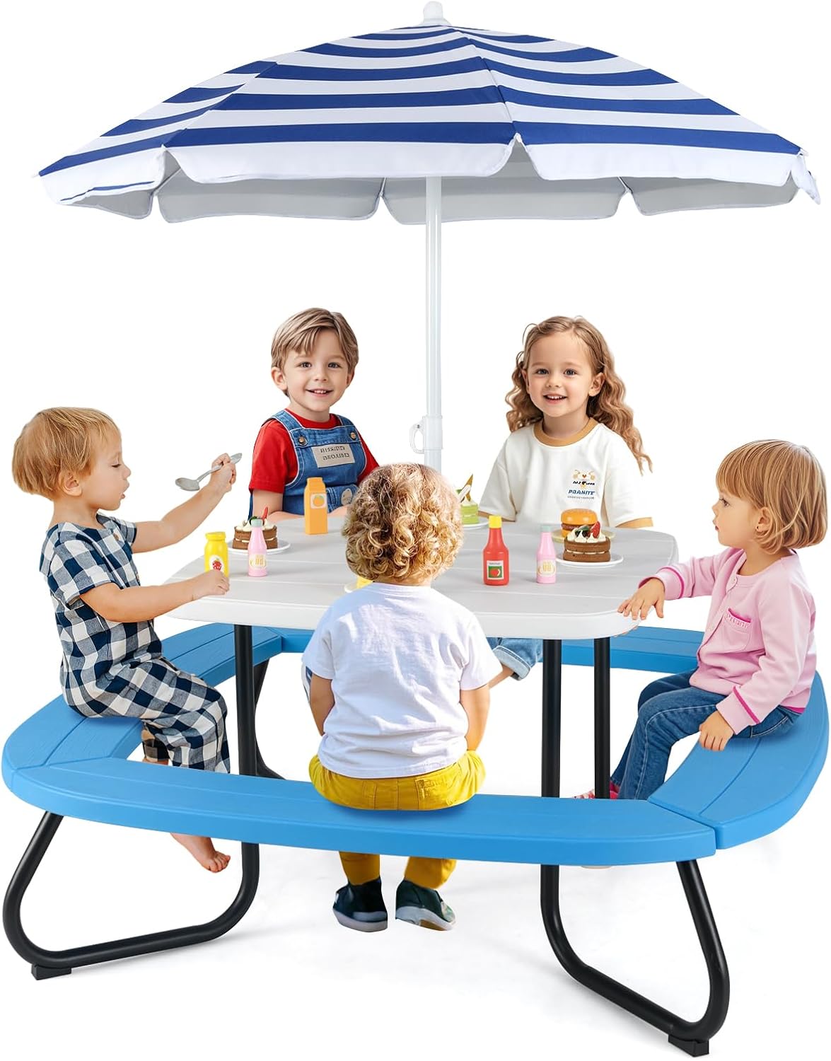 Tavolo da Picnic per Bambini con 8 Posti 125 × 125 × 100-160 cm, Tavolino Bambini in HDPE con Ombrellone Regolabile e Pieghevole, Struttura in Metallo e 4 Panchine (tavolo bianco)