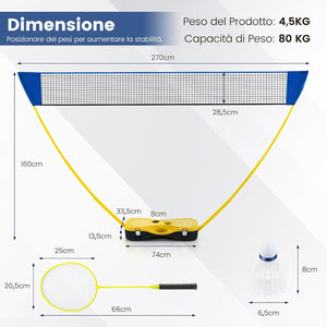 Set di Badminton con Rete, Racchette, 2 Volani e Scatola di Conservazione, Set di Badminton Portatile per 2 Giocatori da Esterno per Bambini, Ragazzi e Adulti