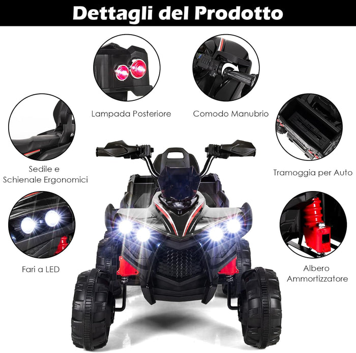 12V Quad Elettrico per Bambini, Macchina Elettrica per Bambini con 6 Ruote 4 Motori Baule Posteriore Luci LED e Musica, Trazione Integrale, 3-6 km/h, 3 Anni+ (Nero)