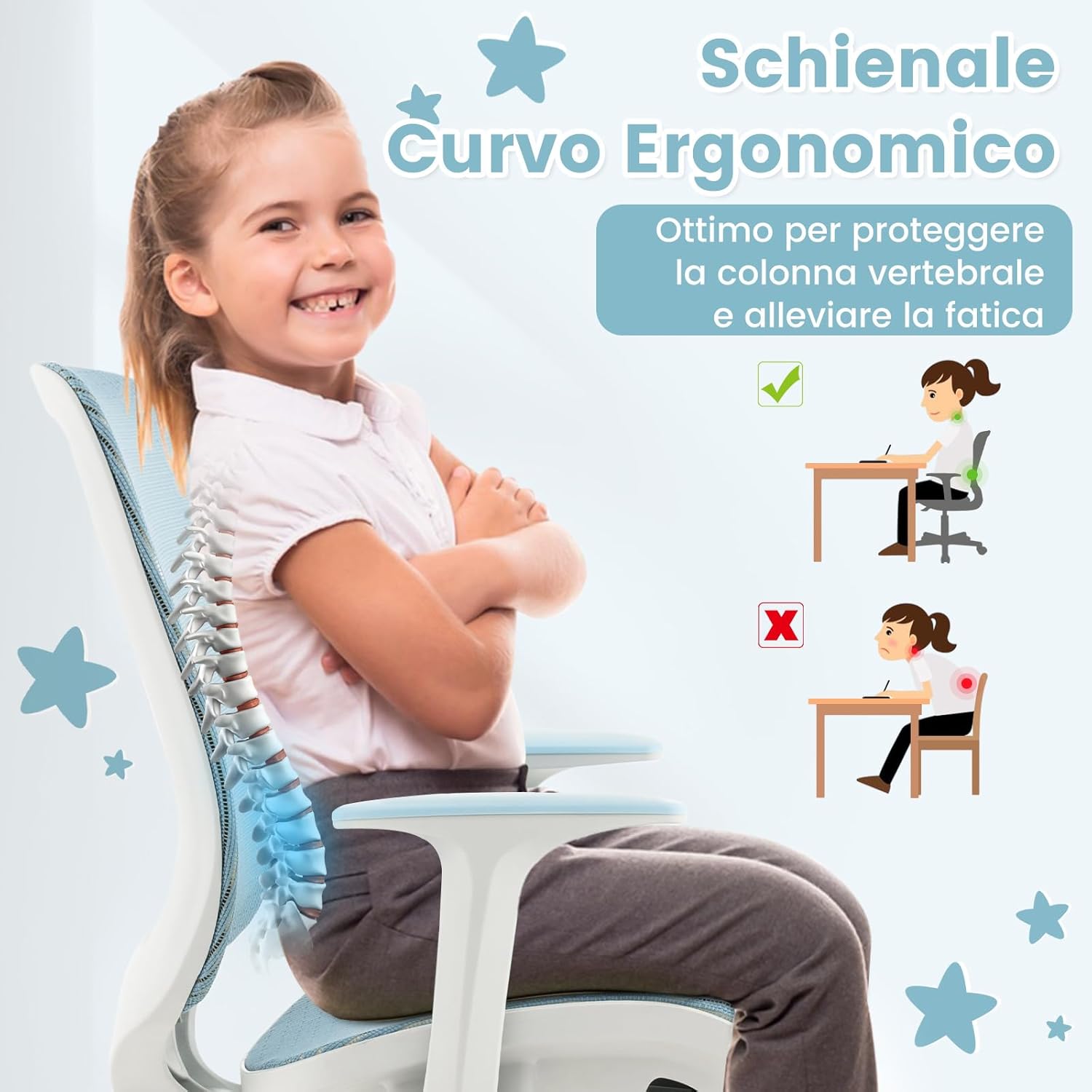 Sedia da Scrivania per Bambini, Sedia Girevole per Computer con Altezza Regolabile, Ruote con Freno, Braccioli Morbidi, Mobile Ergonomica per Bambini 6-15 Anni (Blu)