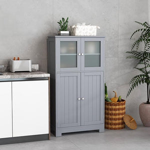 Armadietto del Bagno con 4 Ante, Armadietto con Ante di Vetro, Credenza di Legno con Mensole Regolabili, Organizer Multiuso per Casa Corridoio Salone Ufficio (Grigio)