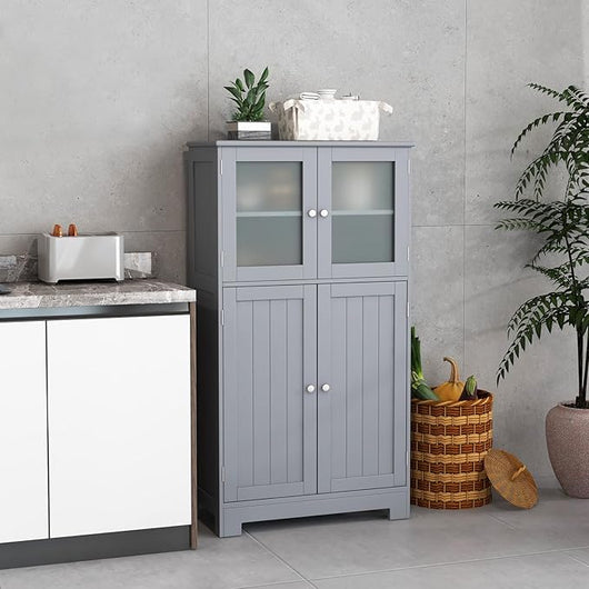 Armadietto del Bagno con 4 Ante, Armadietto con Ante di Vetro, Credenza di Legno con Mensole Regolabili, Organizer Multiuso per Casa Corridoio Salone Ufficio (Grigio)