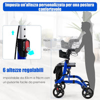 Deambulatore con Seduta 2 in 1, Rollator Pieghevole, Deambulatore per Anziani con 4 Ruote, Maniglie Regolabili Freni, con Doppia Funzione Schienale Reversibile e Borsa Portaoggetti (Blu)