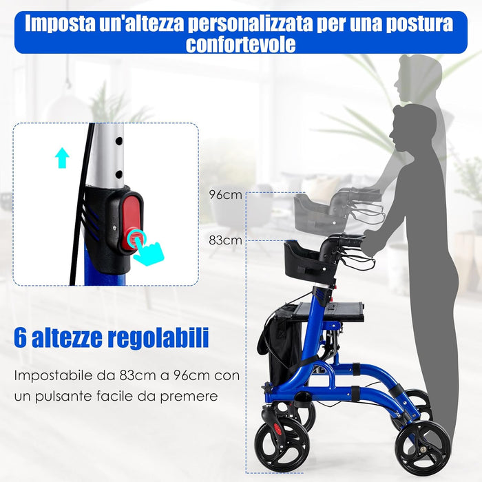 Deambulatore con Seduta 2 in 1, Rollator Pieghevole, Deambulatore per Anziani con 4 Ruote, Maniglie Regolabili Freni, con Doppia Funzione Schienale Reversibile e Borsa Portaoggetti (Blu)