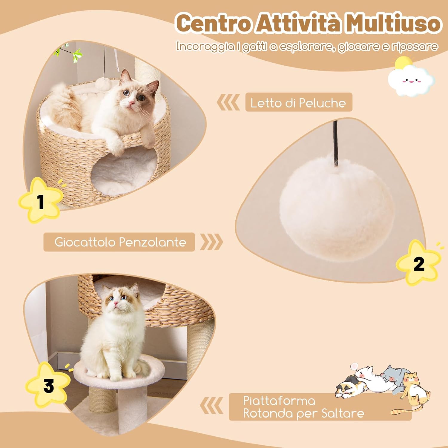 Tiragraffi per Gatti 104cm, Albero per Animali Domestici con Trespolo Superiore, Posti per Graffiare in Sisal, Cuscino Rimovibile e Palline, Torre Moderno Interno, Bianco e Naturale
