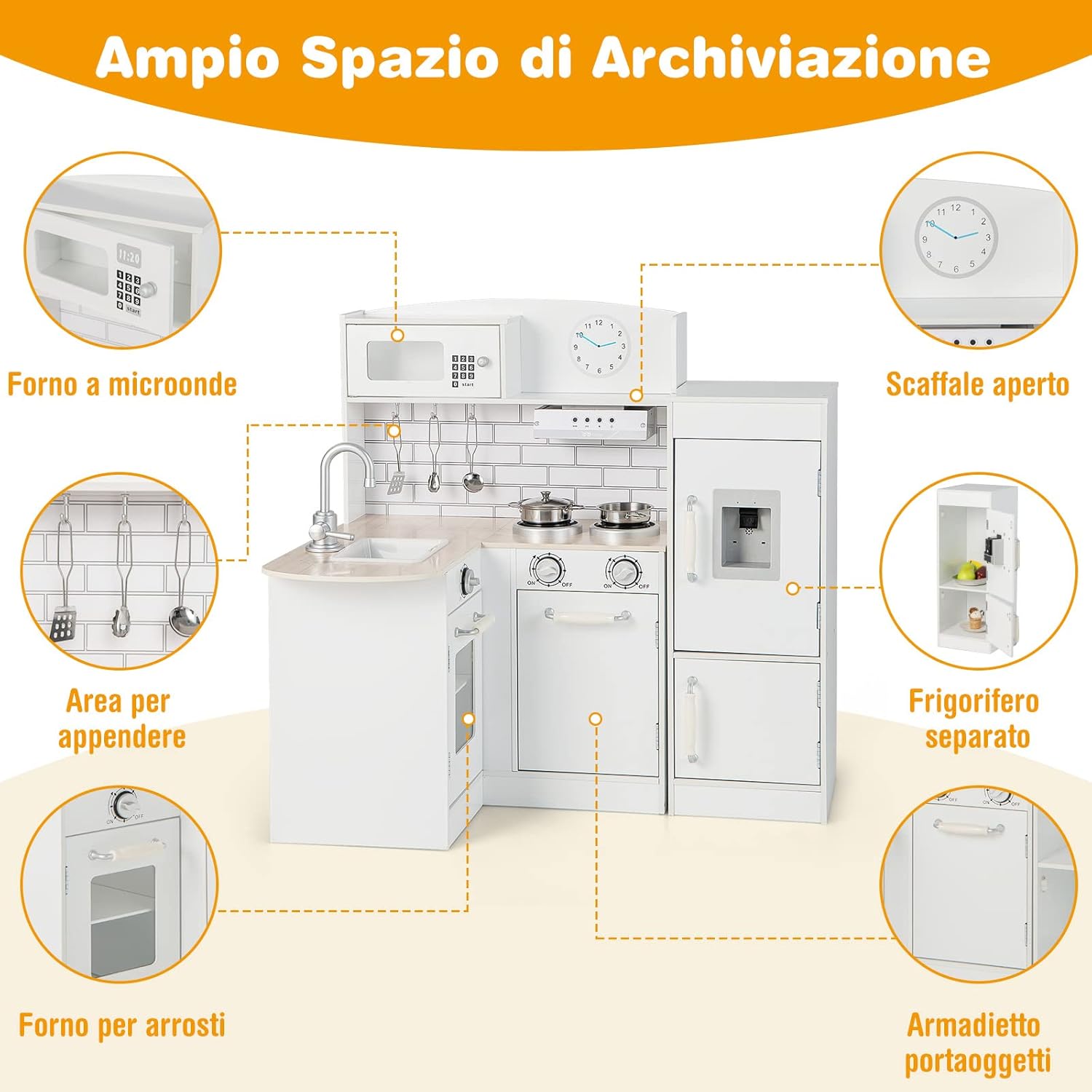 Cucina Giocattolo per Bambini, Cucina per Bambini in Legno con Lavello, Fornelli, Cappa, Frigorifero e Distributore d'Acqua, 3 Anni+