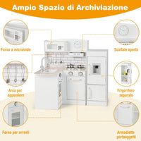Cucina Giocattolo per Bambini, Cucina per Bambini in Legno con Lavello, Fornelli, Cappa, Frigorifero e Distributore d'Acqua, 3 Anni+