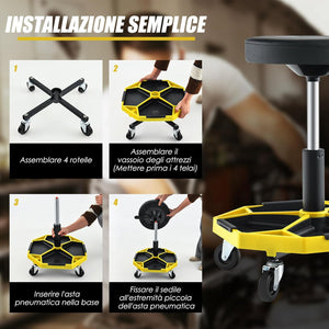 Sgabello da Officina con Ruote, con Ripiano per Attrezzi e Viti, Portata di 150 kg, Altezza Regolabile e Girevole, Sedia Meccanico per Garage, Officina (Giallo)