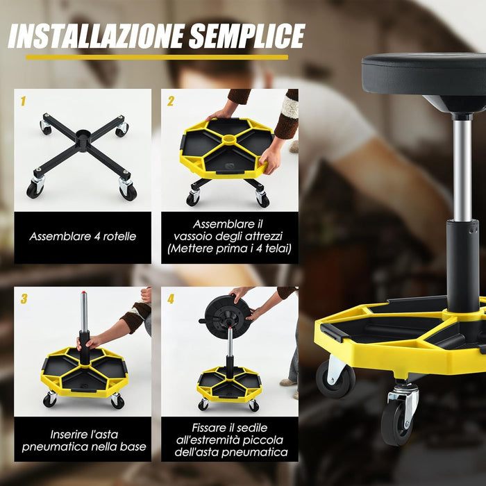 Sgabello da Officina con Ruote, con Ripiano per Attrezzi e Viti, Portata di 150 kg, Altezza Regolabile e Girevole, Sedia Meccanico per Garage, Officina (Giallo)