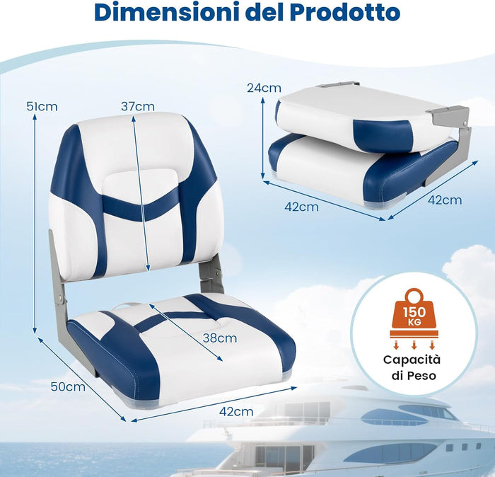 Set di 2 Sedie da Barca, Sedili Alti da Barca Pieghevole Morbide Imbottite Spesse, Sedile Nautica Ergonomico per Imbarcazioni da Pesca, 42 x 49 x 51 cm, Blu e Bianco