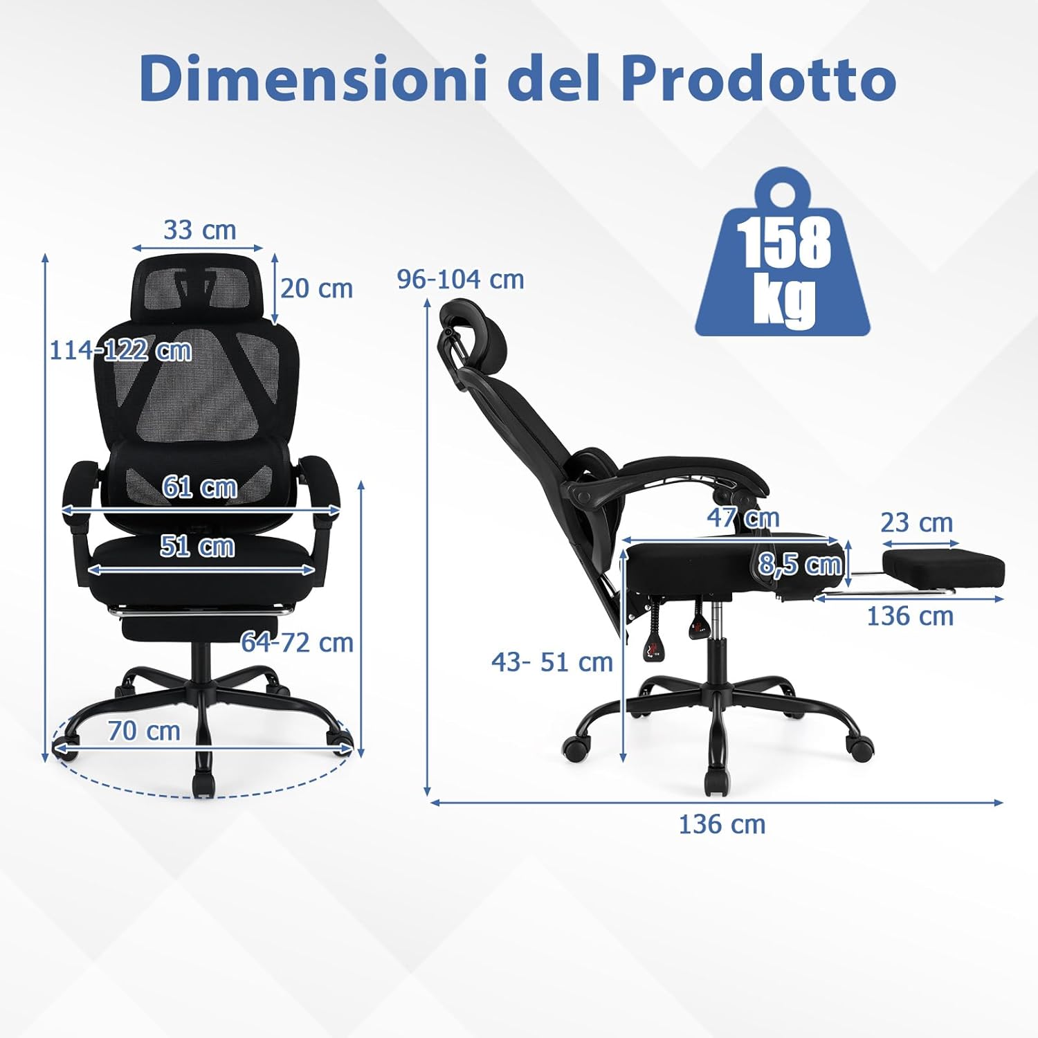 Sedia da Ufficio con Ruote, Sedia da Scrivania con Altezza Regolabile, Poggiapiedi Estraibile, Schienale Regolabile a 135°, Poggiatesta e Supporto Lombare Regolabili, Portata 160 kg