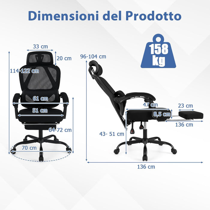 Sedia da Ufficio con Ruote, Sedia da Scrivania con Altezza Regolabile, Poggiapiedi Estraibile, Schienale Regolabile a 135°, Poggiatesta e Supporto Lombare Regolabili, Portata 160 kg