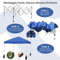 Gazebo Pop-up da Esterno 3 x 3 m, Gazebo Pieghevole con Borsa con Ruote, 8 Picchetti, 4 Ancore, 4 Corde Antivento, 4 Sacchi di Sabbia, Tendone Impermeabile per Eventi Commerciali (Blu)