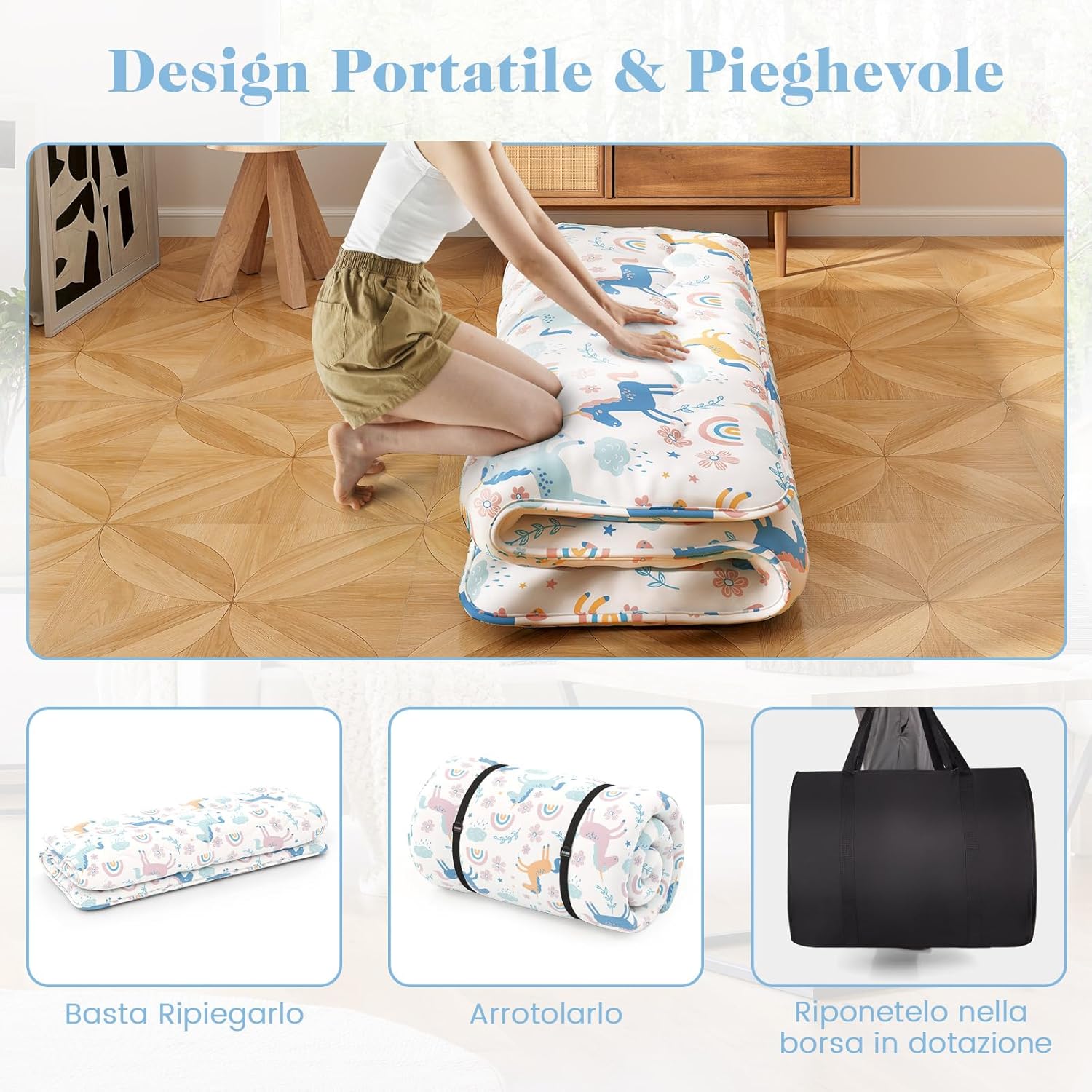 Materasso Futon Pieghevole, Materasso Portatile con Sacca da Trasporto per Camping, Materasso da Terra con Copertura Lavabile (Colorato,200 x 140 cm)