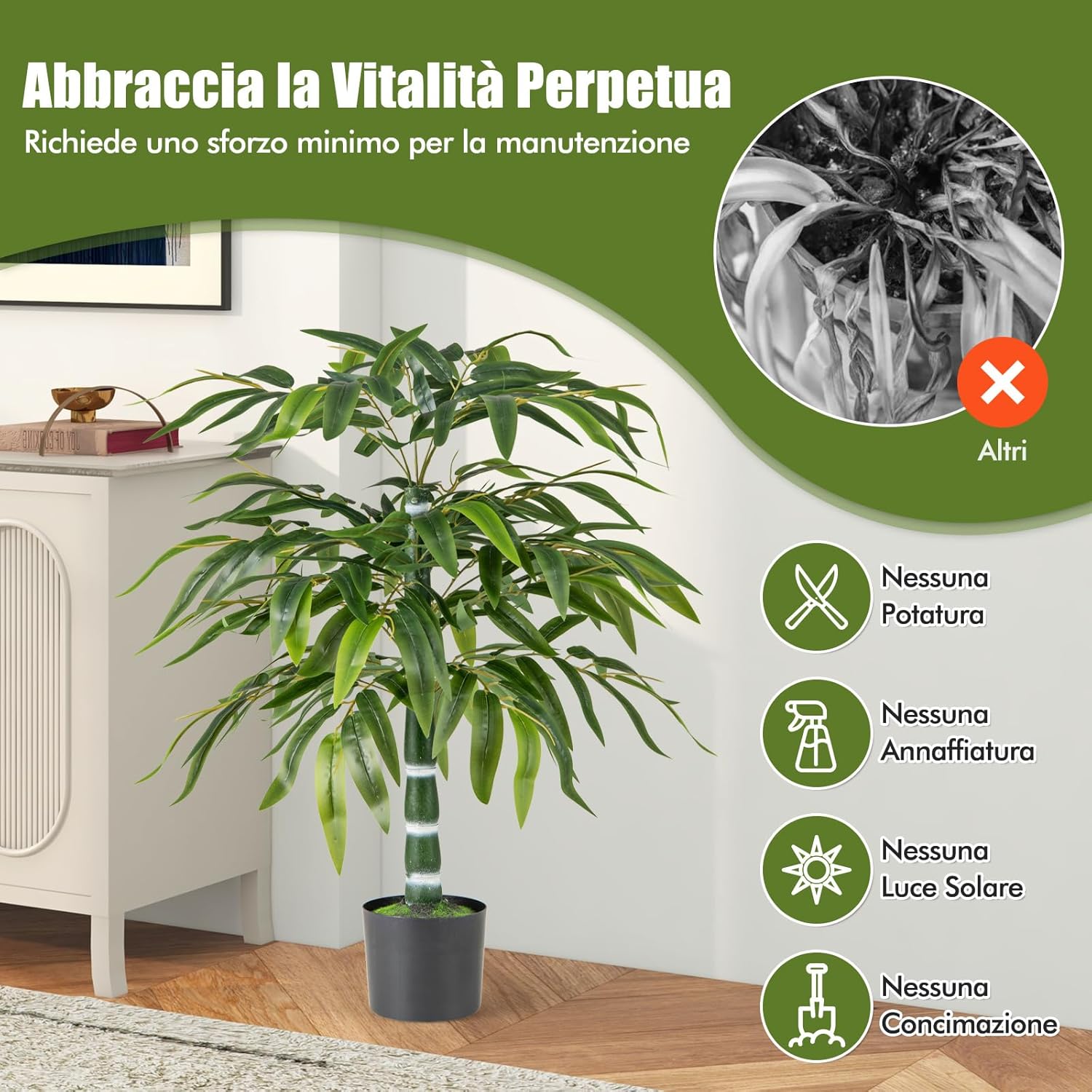 2 Pezzi Pianta Finta di Bamb¨´ 100 cm, Pianta Bamboo Artificiale in Vaso Decorazione in Casa e Ufficio, Pianta Finta in PE con 15 Rami da Interno ed Esterno
