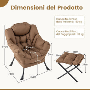 Poltrona Relax, Poltrona da Lettura con Cuscino, Elegante con Schienale e Seduta Imbottiti, Braccioli e Tasca di Stoccaggio, Portata 150 kg (Con Pouf, Marrone)