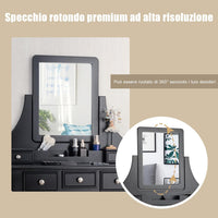 2-in-1 Toeletta Trucco con Sgabello, Postazione Trucco con Specchio Girevole a 360° Rimovibile, 5 Cassetti e Organizzatori, Tavolo da Trucco Scrivania Moderno, 80 x 40 x 139 cm (Nero)