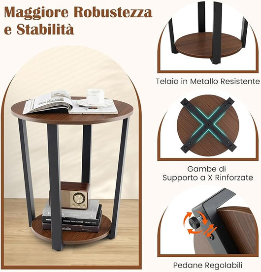 Tavolino Rotondo, Tavolino Laterale a 2 Ripiani con Mensola Aperta, Tavolino da Divano con Struttura in Metallo per Soggiorno, Camera da Letto e Piccoli Spazi (Noce)