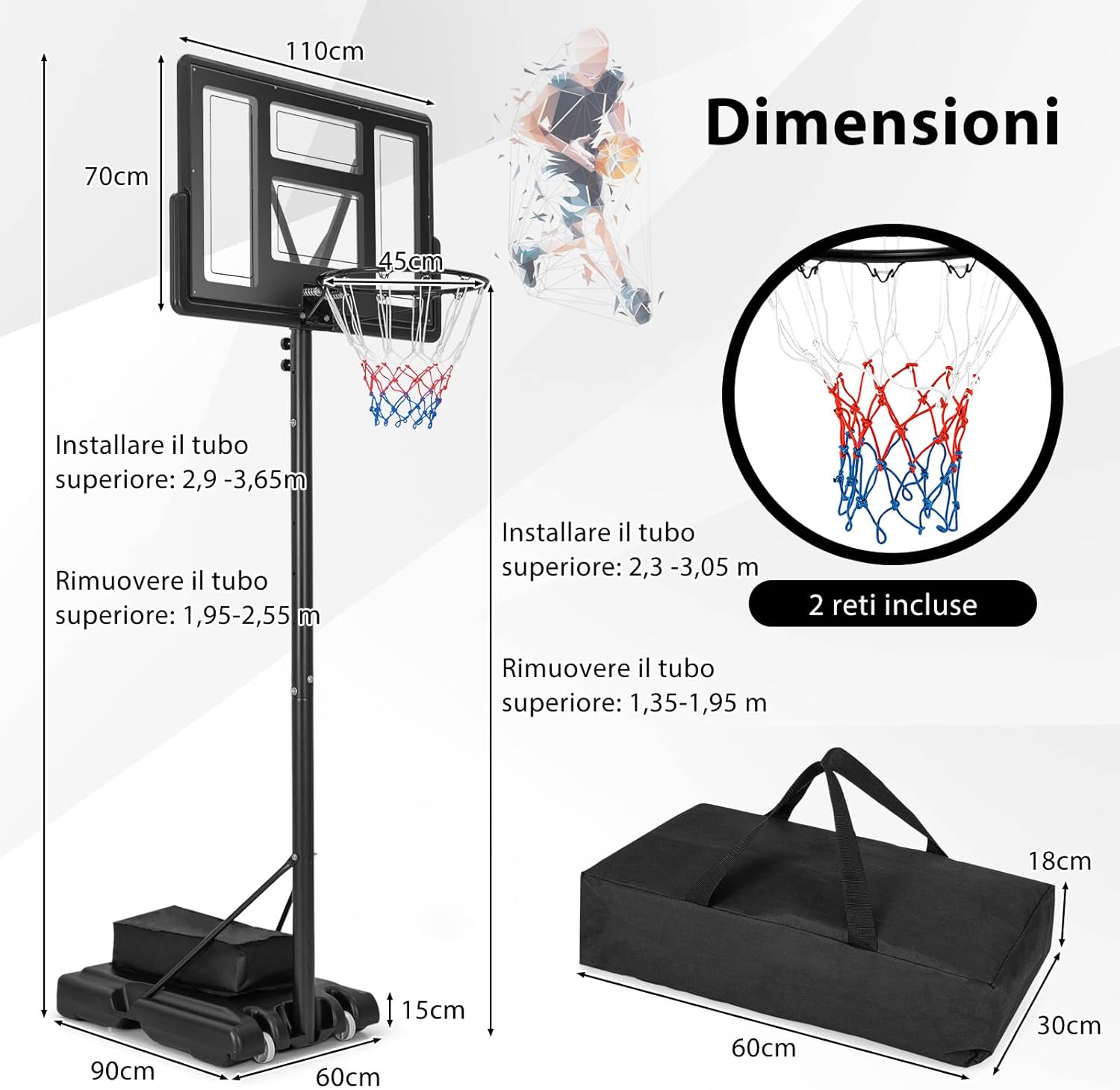 Canestro da Basket Regolabile in Altezza a 11 Livelli, Canestro da Basket Portatile con Tabellone da 110 CM, Base Riempibile e Sacca Peso, Canestro da Basket per Interno ed Esterno