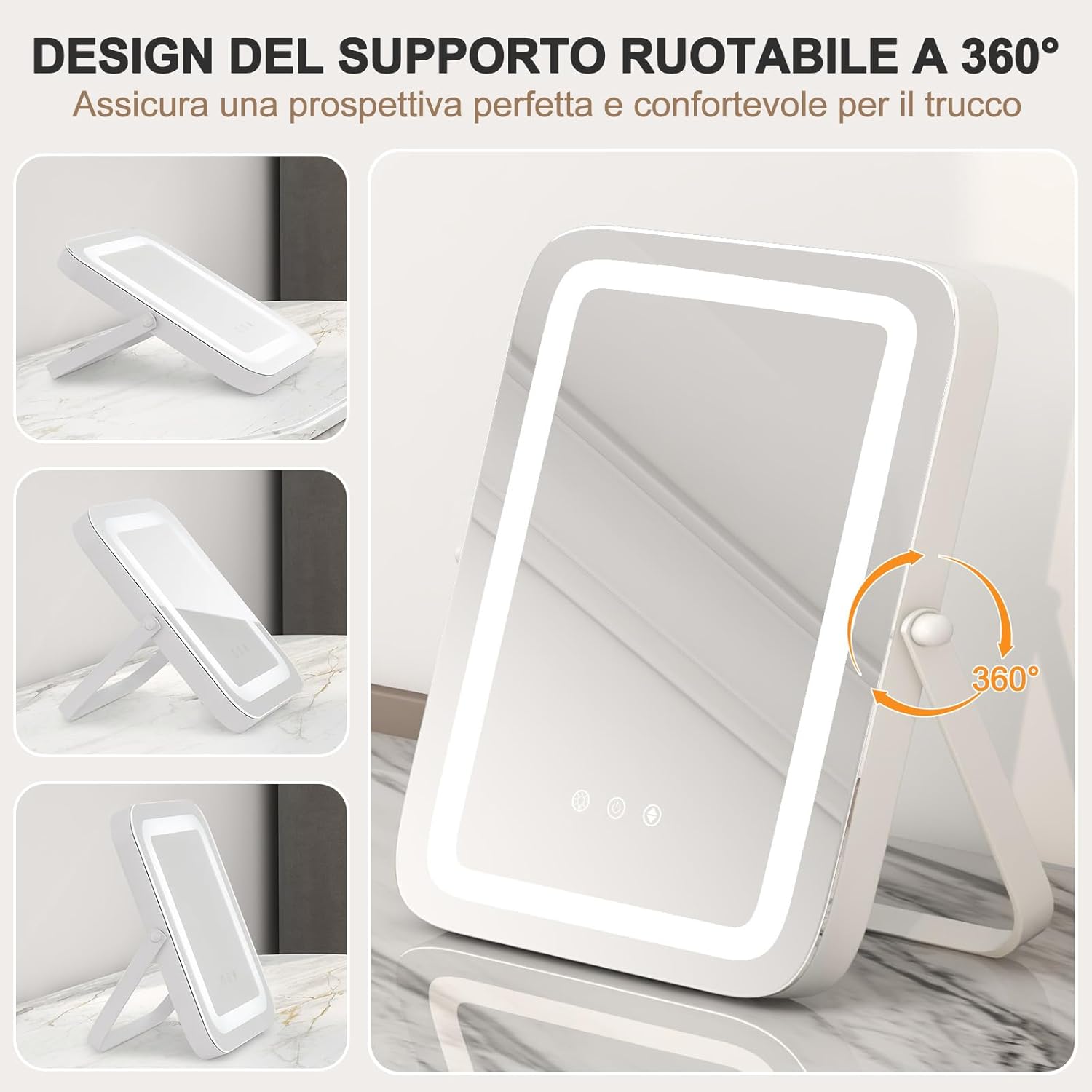 Specchio LED a 3 Colori, Specchio da Trucco con Controllo Tattile Intelligente, Girevole a 360° e Funzione di Memoria, Specchio da Tavolo Antideflagrante 25x30 cm