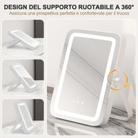 Specchio LED a 3 Colori, Specchio da Trucco con Controllo Tattile Intelligente, Girevole a 360° e Funzione di Memoria, Specchio da Tavolo Antideflagrante 25x30 cm