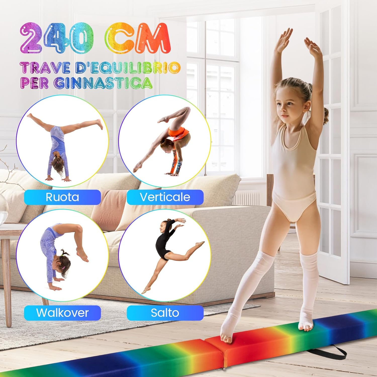 Trave Ginnastica Artistica per Casa 210/240 cm, Trave Pieghevole per Bambini con Maniglia, Base in Legno e Fondo Antiscivolo, Trave di Equilibrio da Pavimento