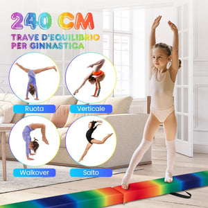 Trave Ginnastica Artistica per Casa 210/240 cm, Trave Pieghevole per Bambini con Maniglia, Base in Legno e Fondo Antiscivolo, Trave di Equilibrio da Pavimento
