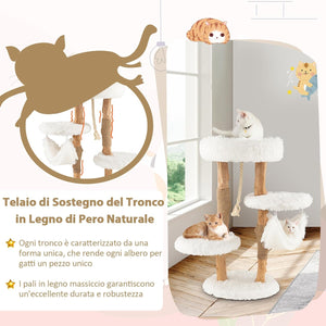 Albero per Gatti in Legno Alto 87 cm con Amaca, Albero Tiragraffi per Gatti a 5 Livelli, con Piattaforma Superiore, Mobile per Gatti da Interno, Bianco