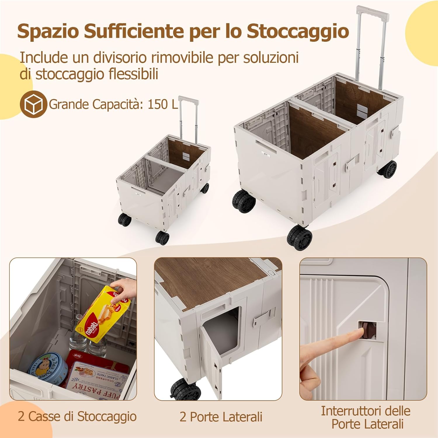 Carrello da Spiaggia Pieghevole 150 L, Carrello con Ruote Portatutto con Armadio a 2 Livelli e Manico Telescopico in Metallo, Carretto Giardino Portatile per Campeggio, Portata 120 kg (Bianco)