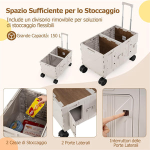 Carrello da Spiaggia Pieghevole 150 L, Carrello con Ruote Portatutto con Armadio a 2 Livelli e Manico Telescopico in Metallo, Carretto Giardino Portatile per Campeggio, Portata 120 kg (Bianco)